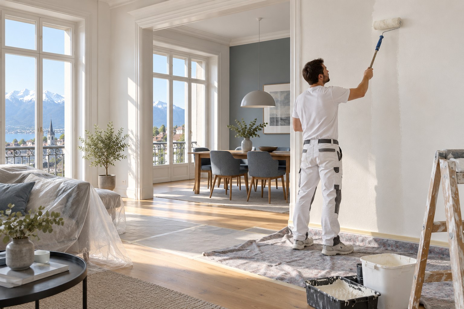 Maler streicht eine helle Innenwand · Beispielbild